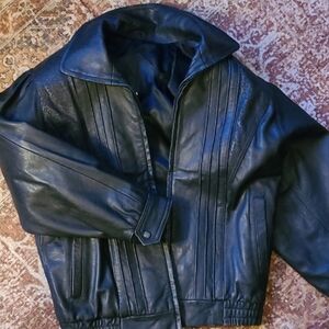 Womens Small Black Leather Jacket With Leopard Print